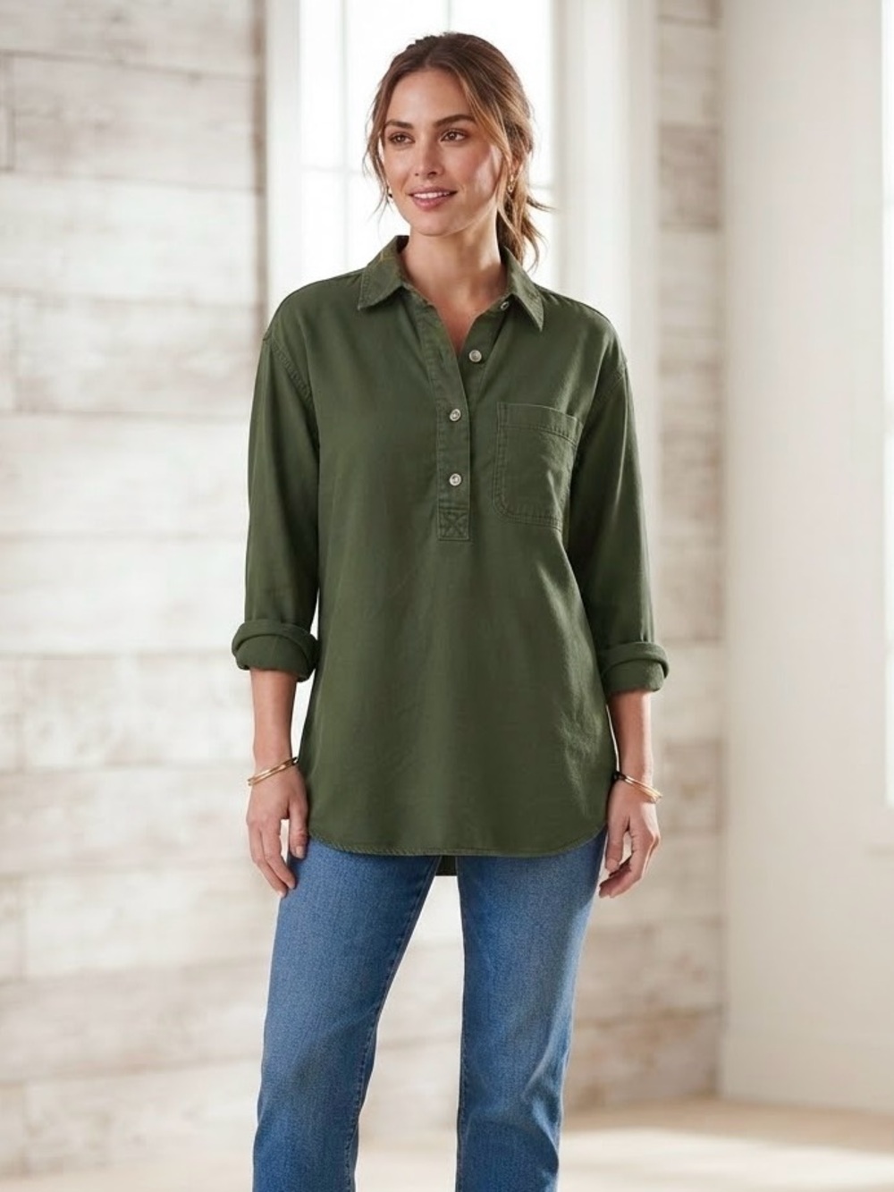 Eastern Mountain Sports Green Flannel Button-Front Tunic
